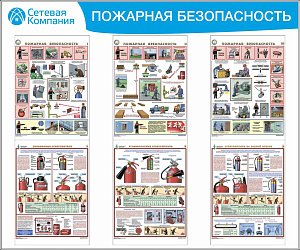 Стенд для ОТ пожарная безопасность, 6 плакатов А3 (1 200х1 000; Пластик ПВХ 4 мм, Алюминиевый профиль)