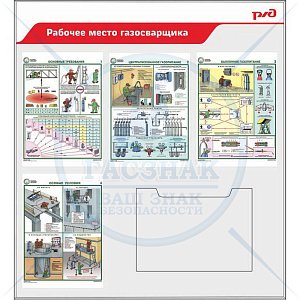 Стенд Рабочее место газосварщика для ОАО РЖД, 4 плаката А3, 1 плоский карман А3 (1000х1100; Пластик ПВХ 4 мм; Алюминиевый профиль)